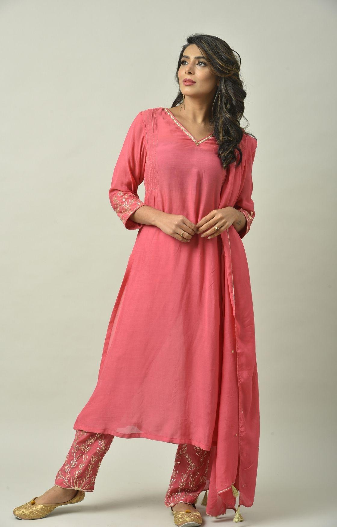 Rose Pink Naksi Hand Embroidery Kurta Set