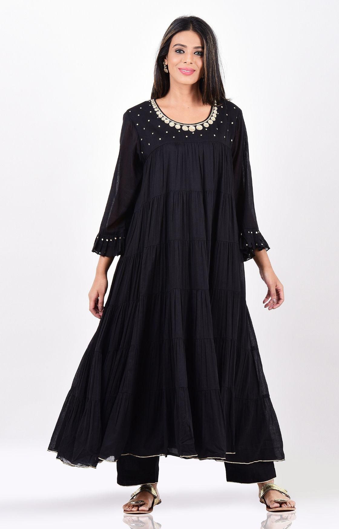 Black Crinkled Layered Kurta Set
