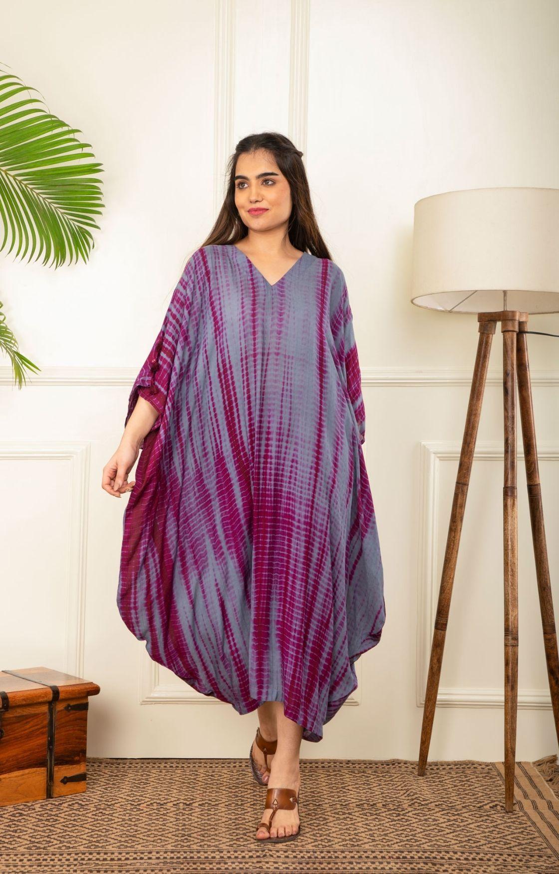 Wine and Grey Rope Tie Dye Cowl Kaftan