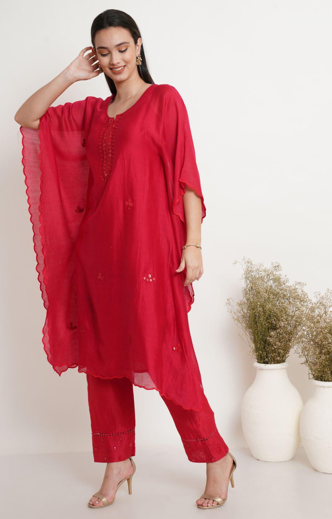 Red Tonal Embroidery Kaftan Set