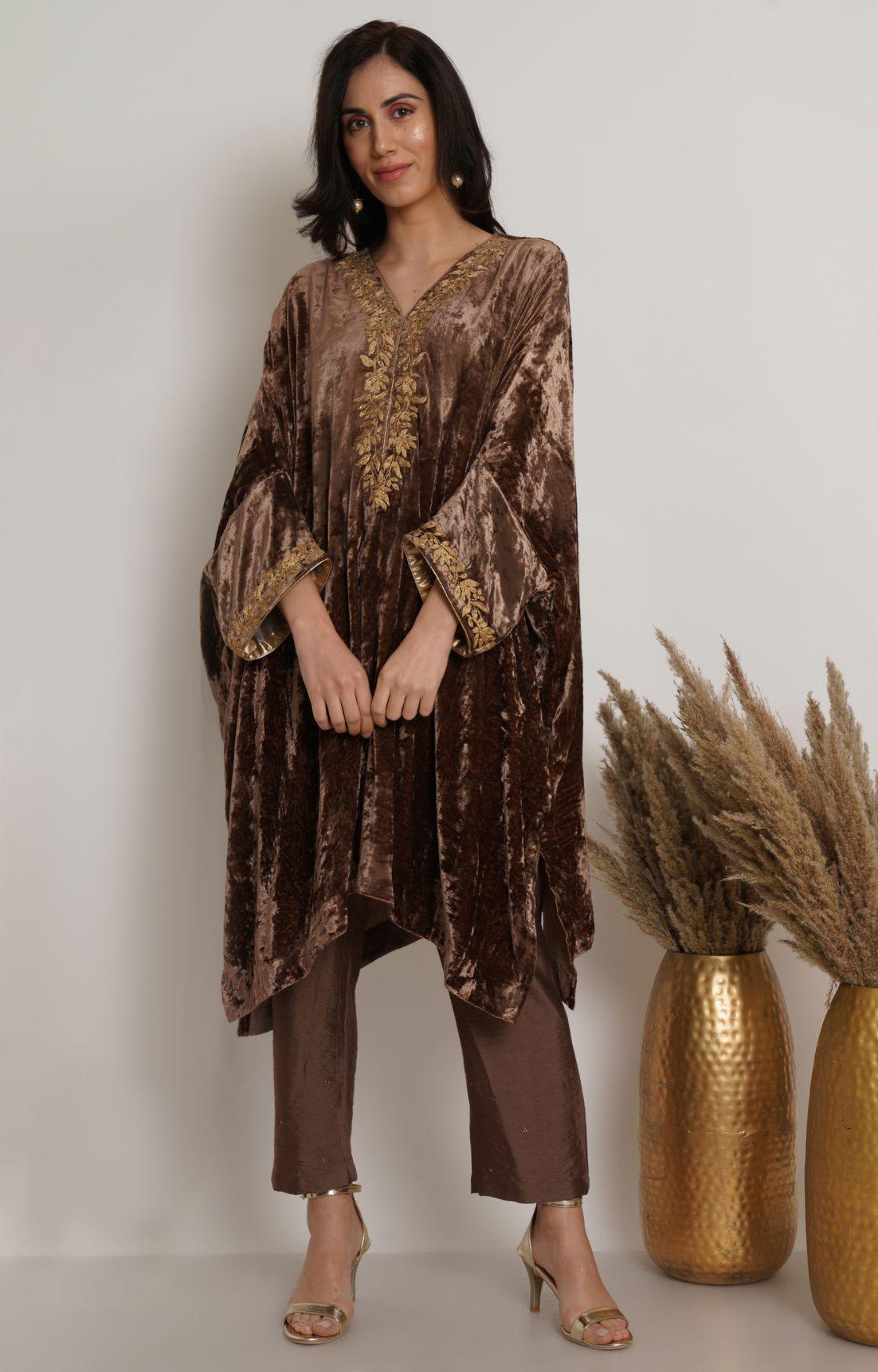 Beige Gold Velvet Embroidered Kaftan Set  of 2