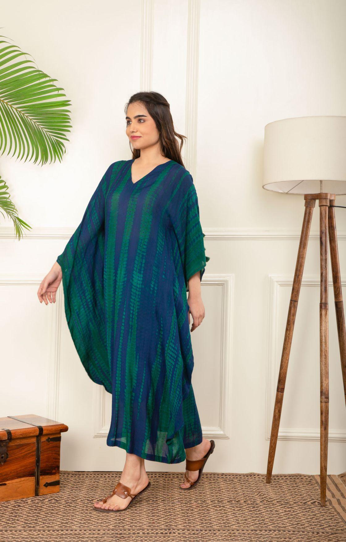 Blue And Green Rope Tie Dye Cowl Kaftan
