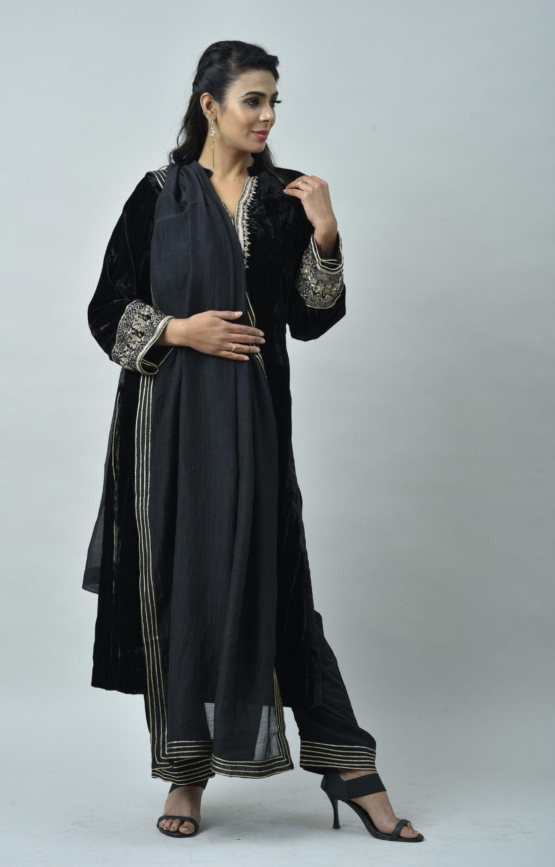 Black Velvet Kurta Set of 3