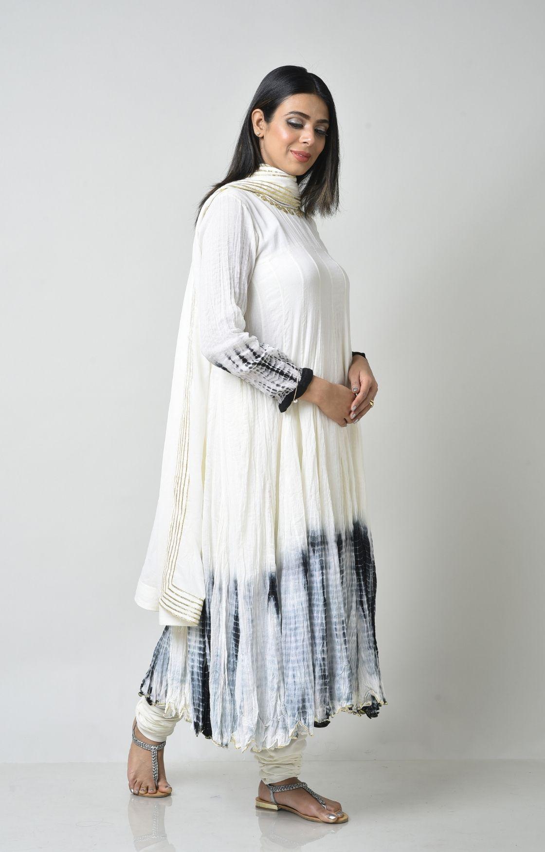 White Black Tie Dye Crinkled Kurta Set