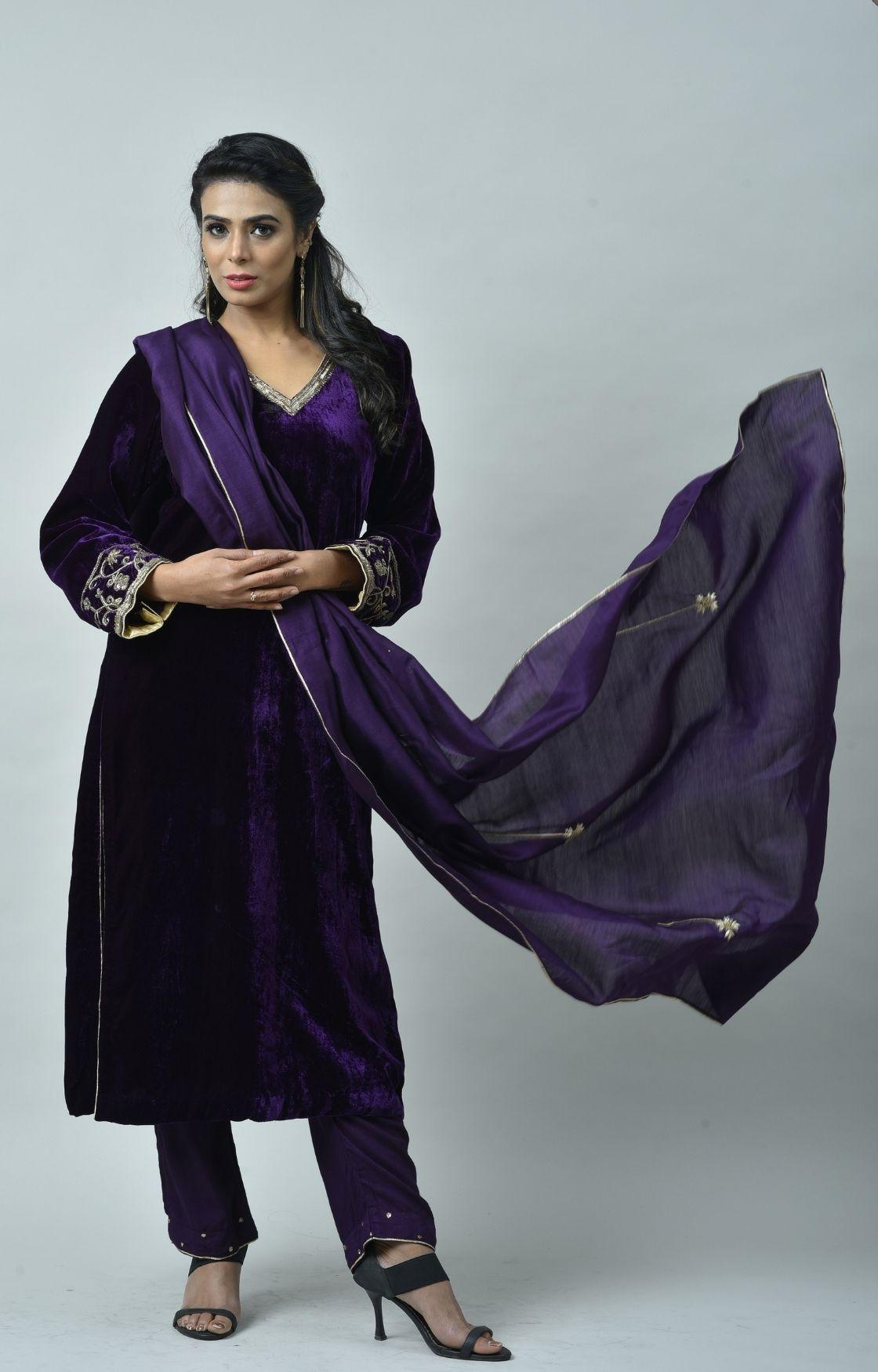 Purple Embroidered Velvet Kurta Set of 3