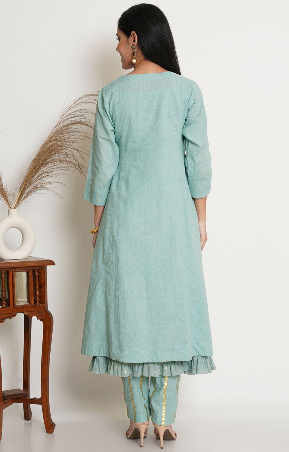 Sea Green Cotton Kurta With Pant & Chanderi Dupatta Set