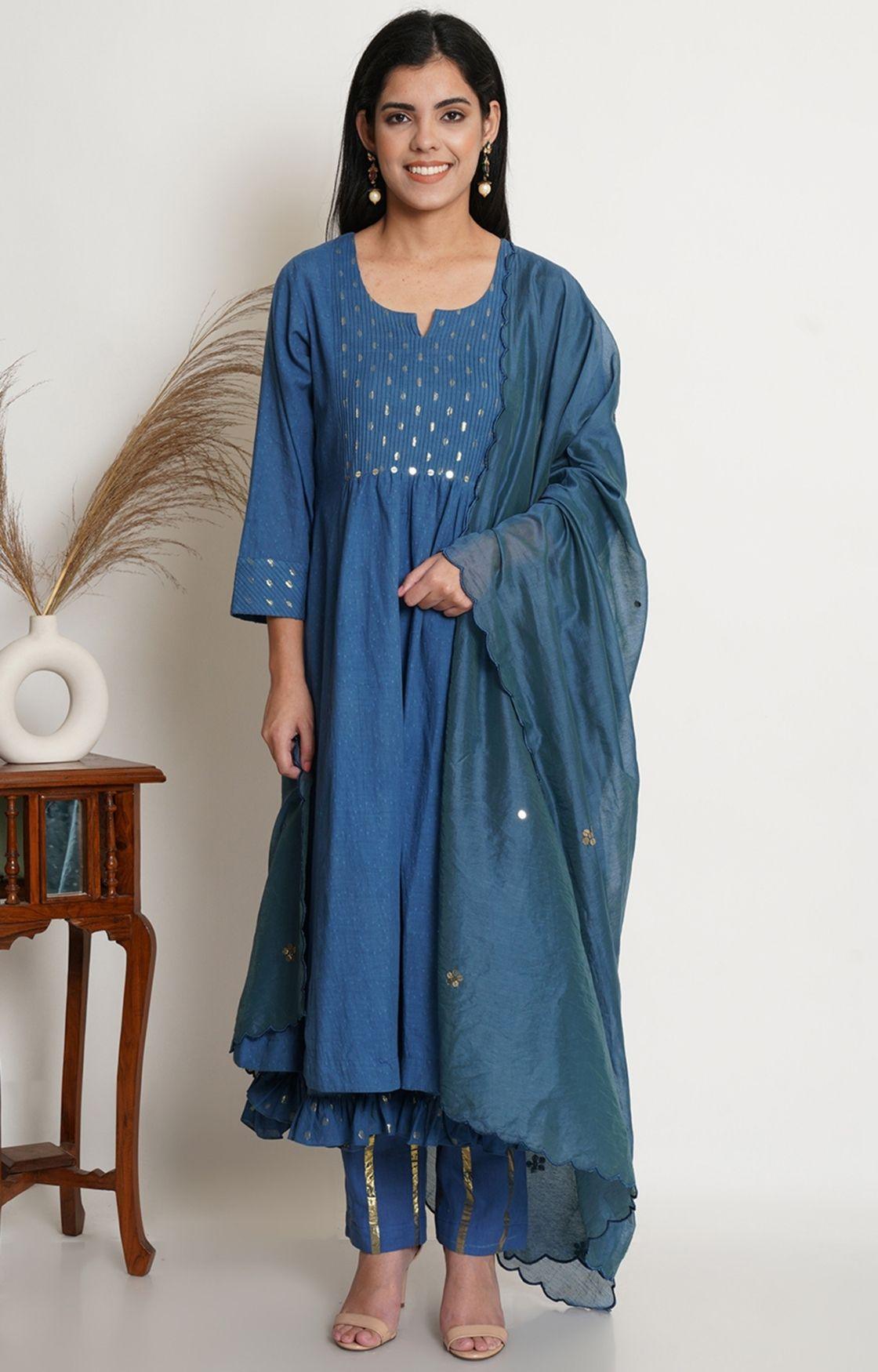 Blue Cotton Kurta With Pant & Chanderi Dupatta Set