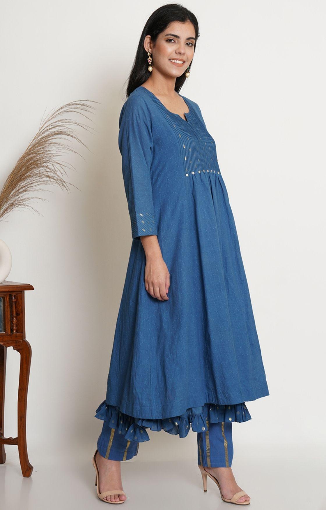 Blue Cotton Kurta With Pant & Chanderi Dupatta Set