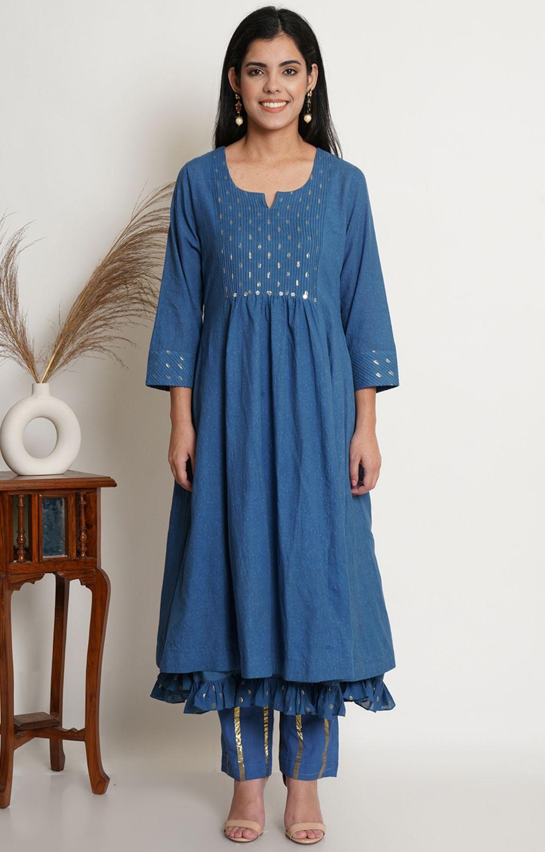 Blue Cotton Kurta With Pant & Chanderi Dupatta Set