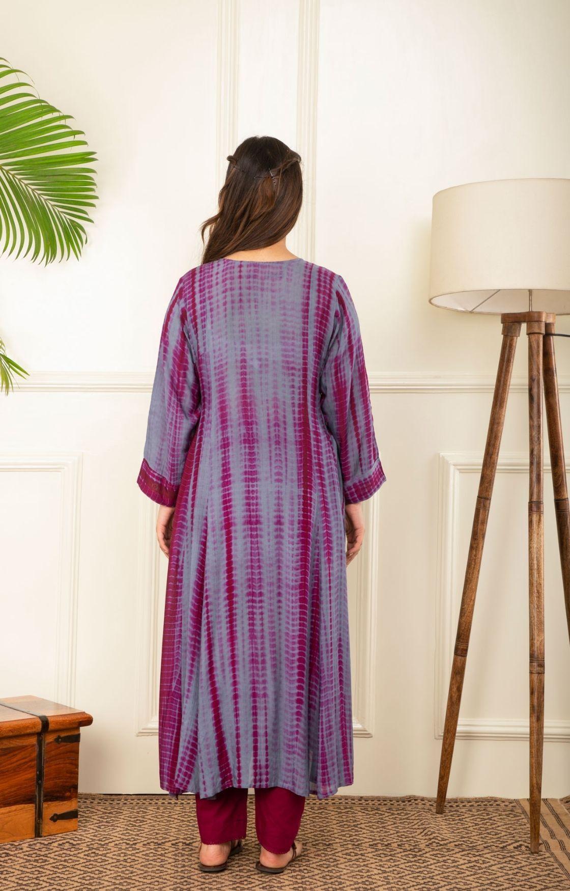 Wine And Grey Rope Tie Dye Kurta Set