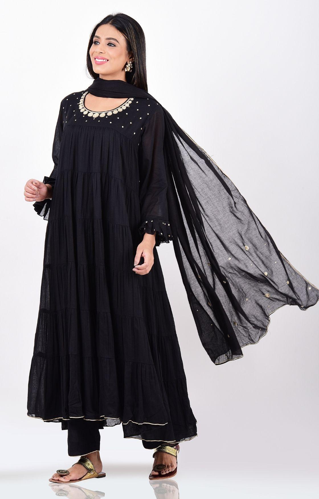 Black Crinkled Layered Kurta Set