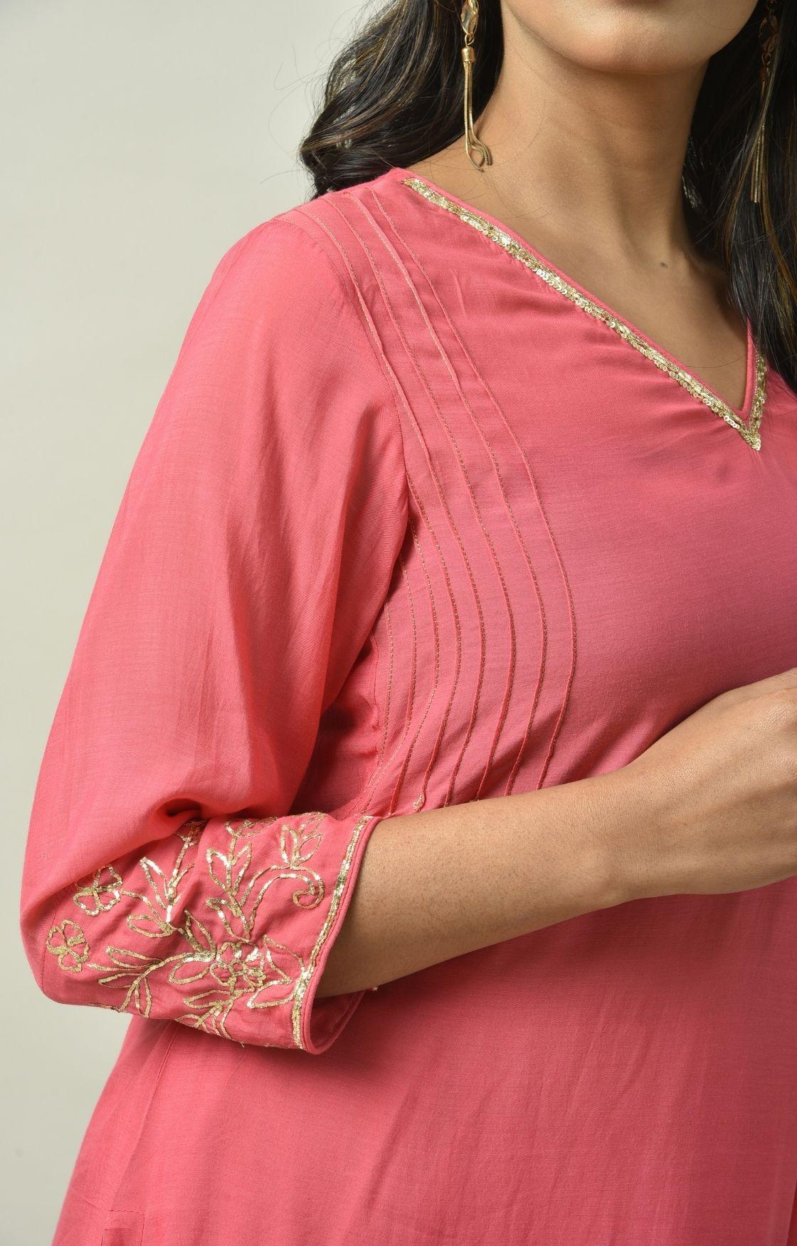 Rose Pink Naksi Hand Embroidery Kurta Set