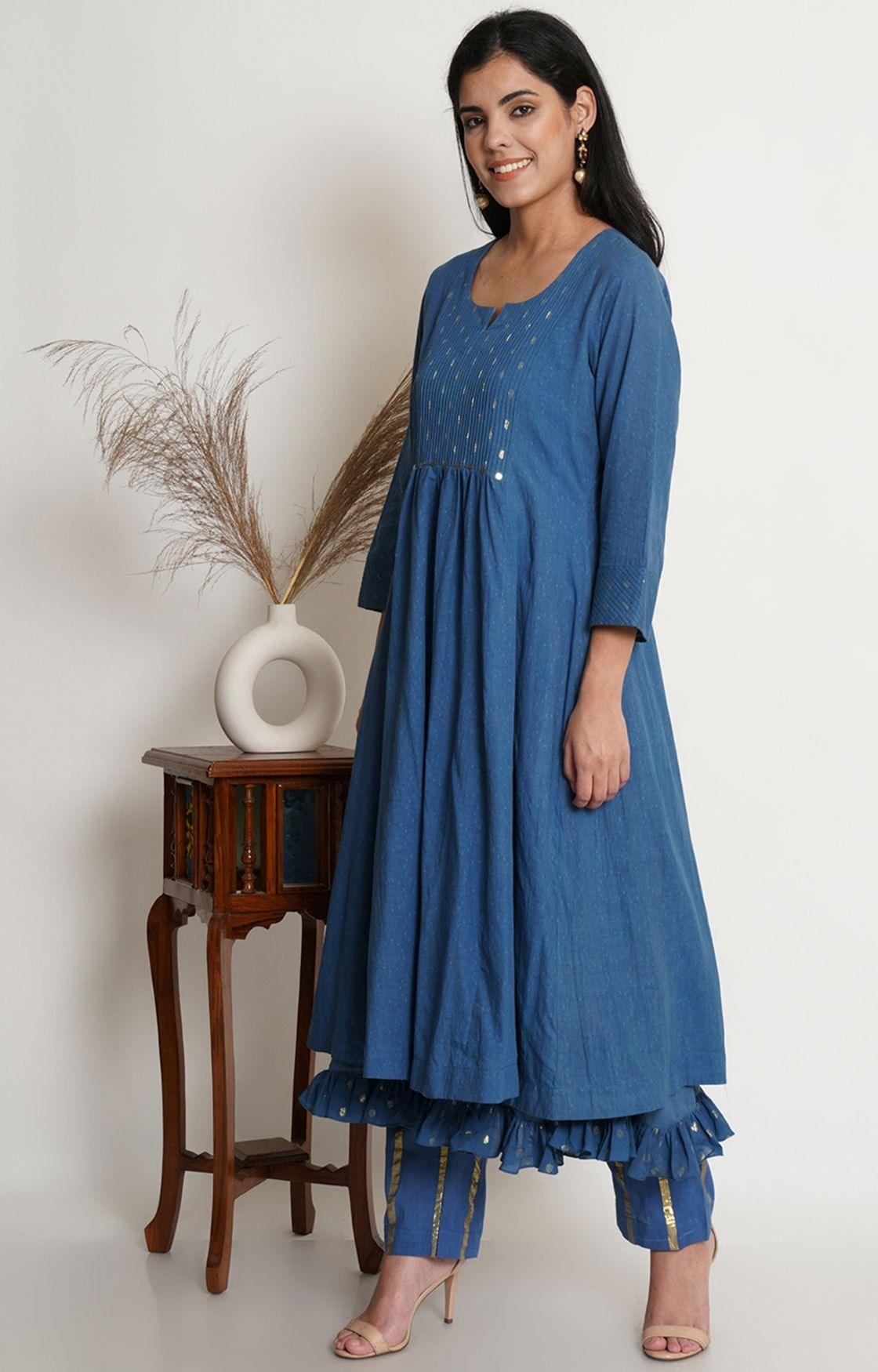 Blue Cotton Kurta With Pant & Chanderi Dupatta Set