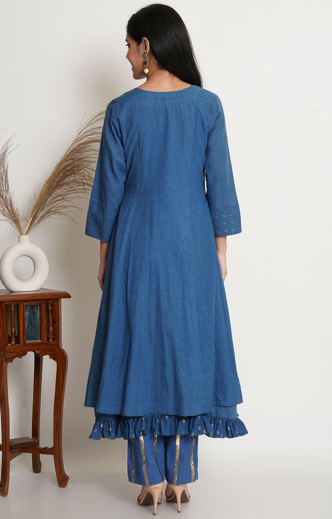 Blue Cotton Kurta With Pant & Chanderi Dupatta Set