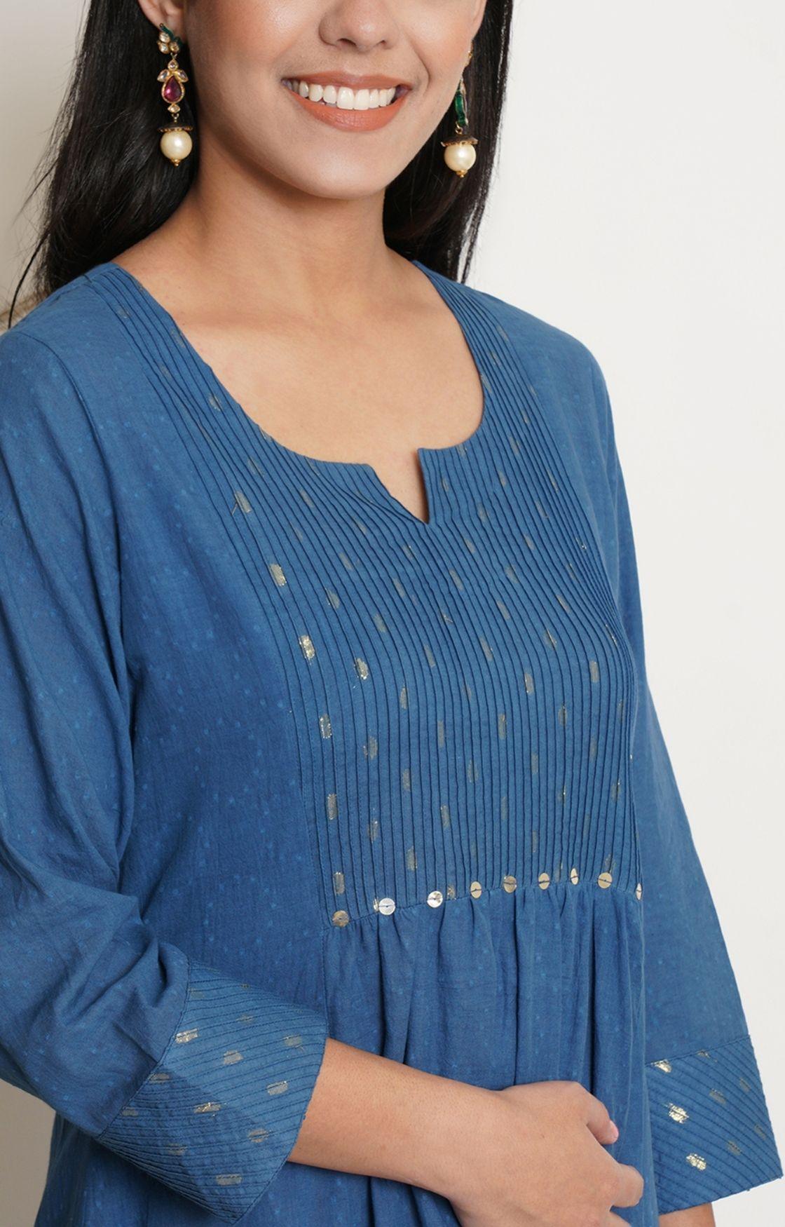 Blue Cotton Kurta With Pant & Chanderi Dupatta Set