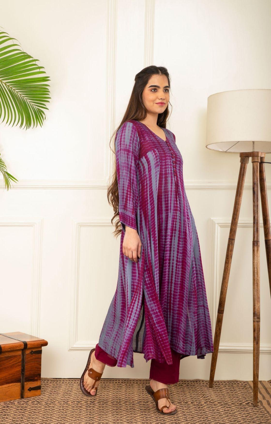 Wine And Grey Rope Tie Dye Kurta Set