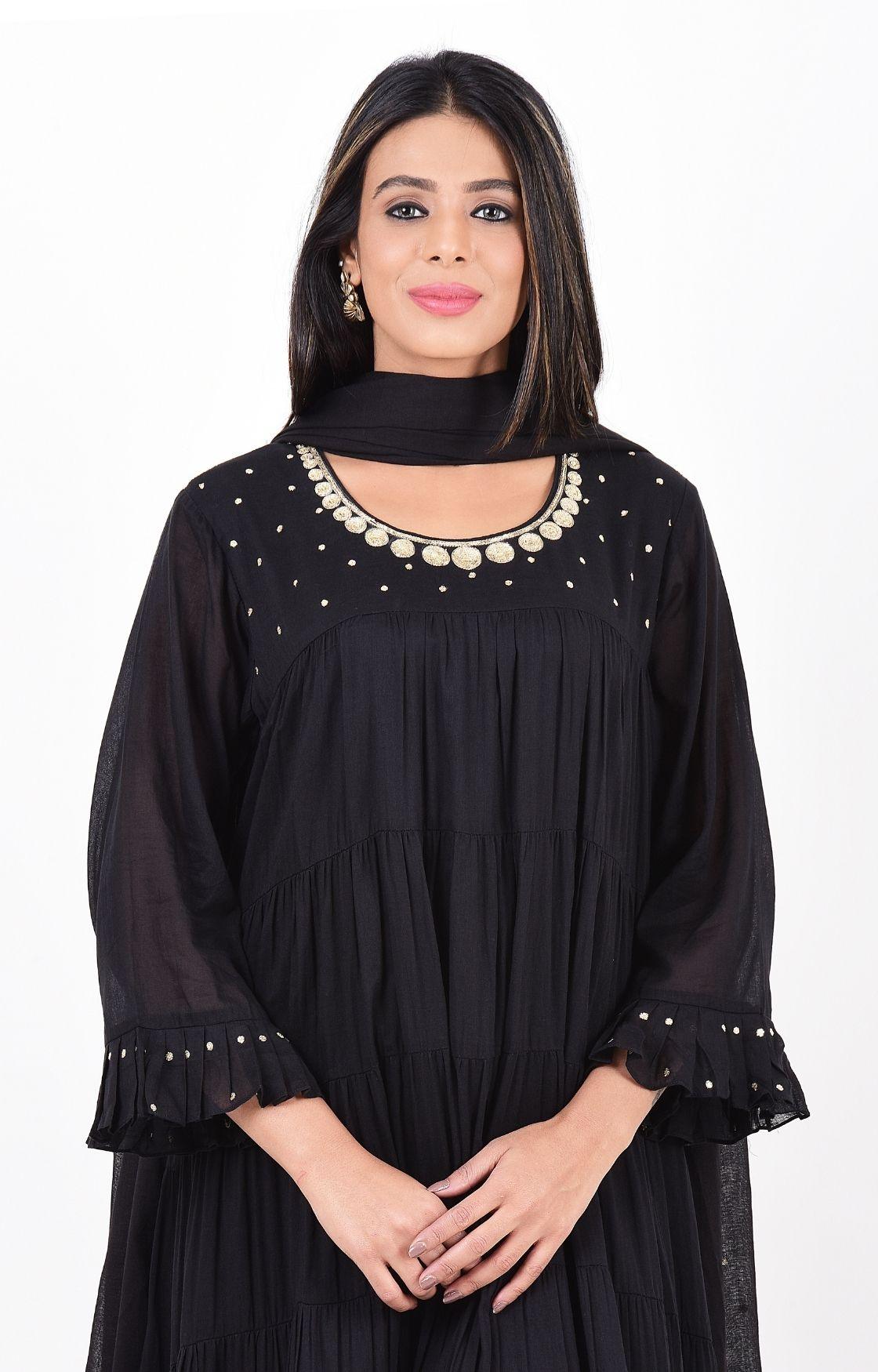Black Crinkled Layered Kurta Set