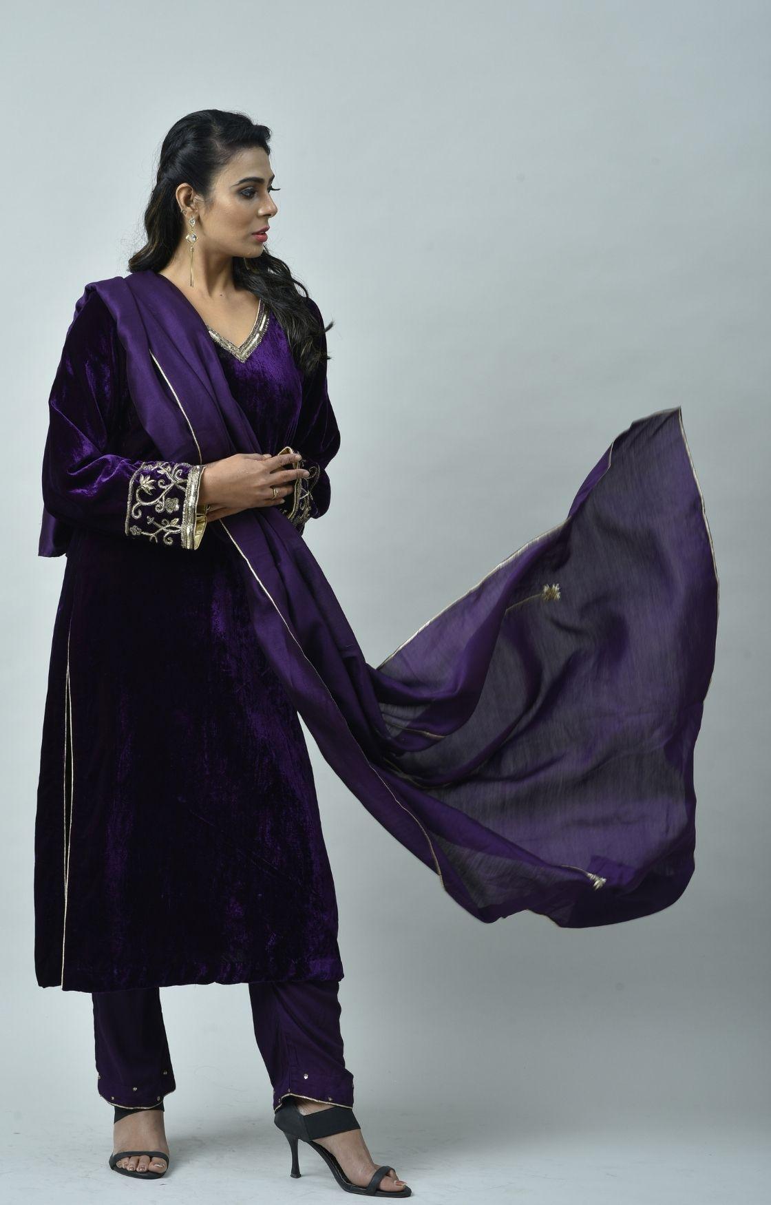 Purple Embroidered Velvet Kurta Set of 3
