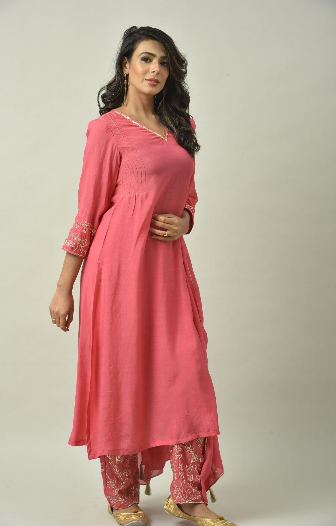 Rose Pink Naksi Hand Embroidery Kurta Set