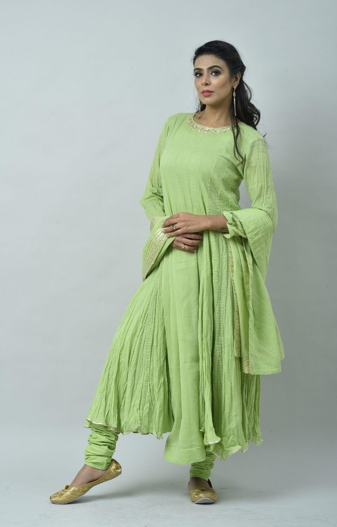 Lime Green Tie Dye Crinkled Kurta Set