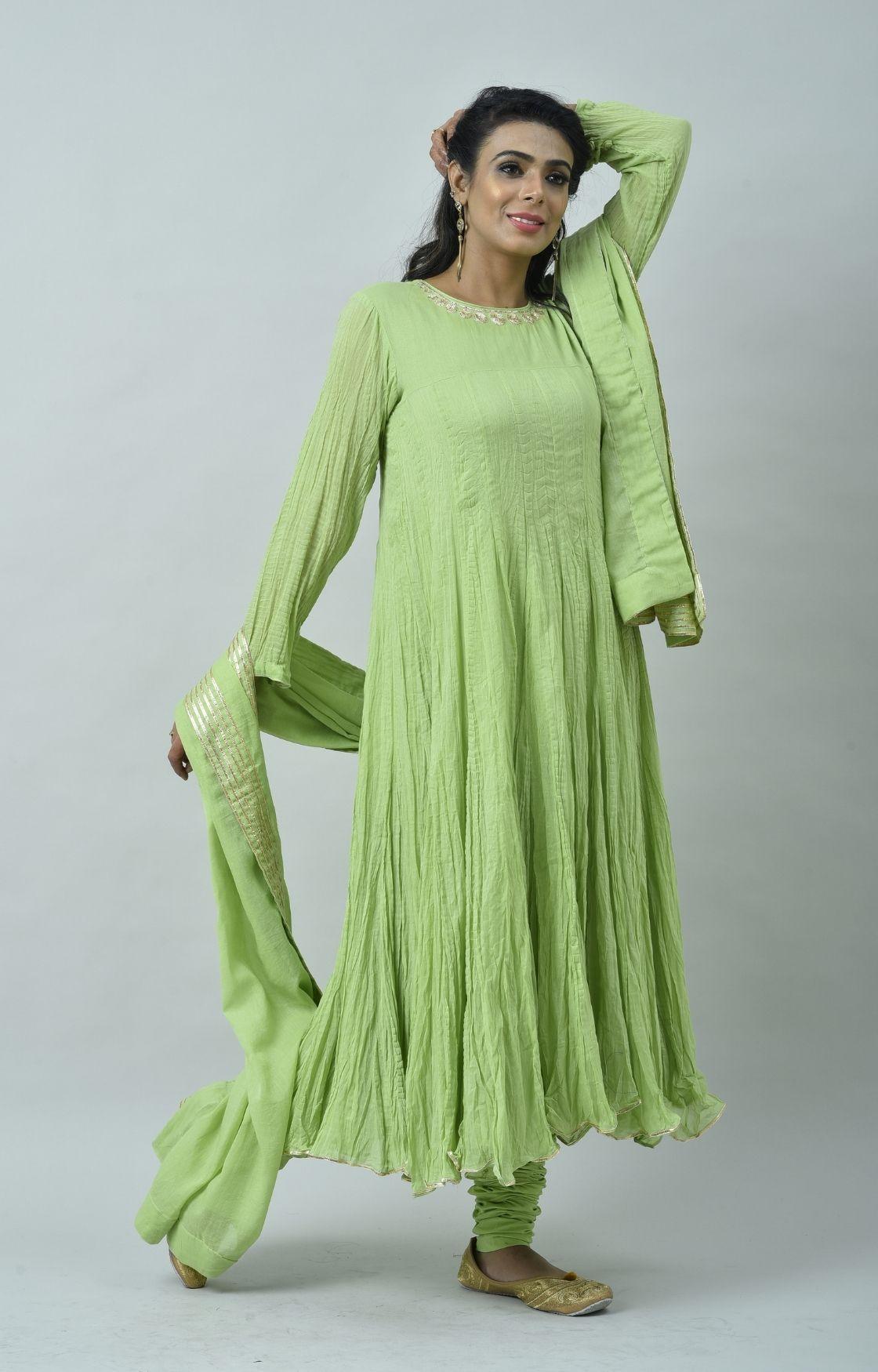 Lime Green Tie Dye Crinkled Kurta Set
