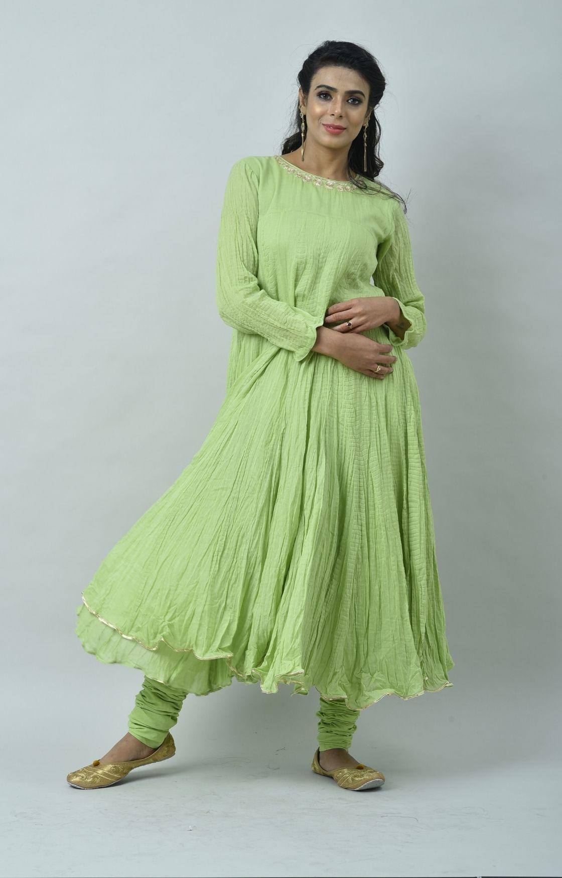 Lime Green Tie Dye Crinkled Kurta Set