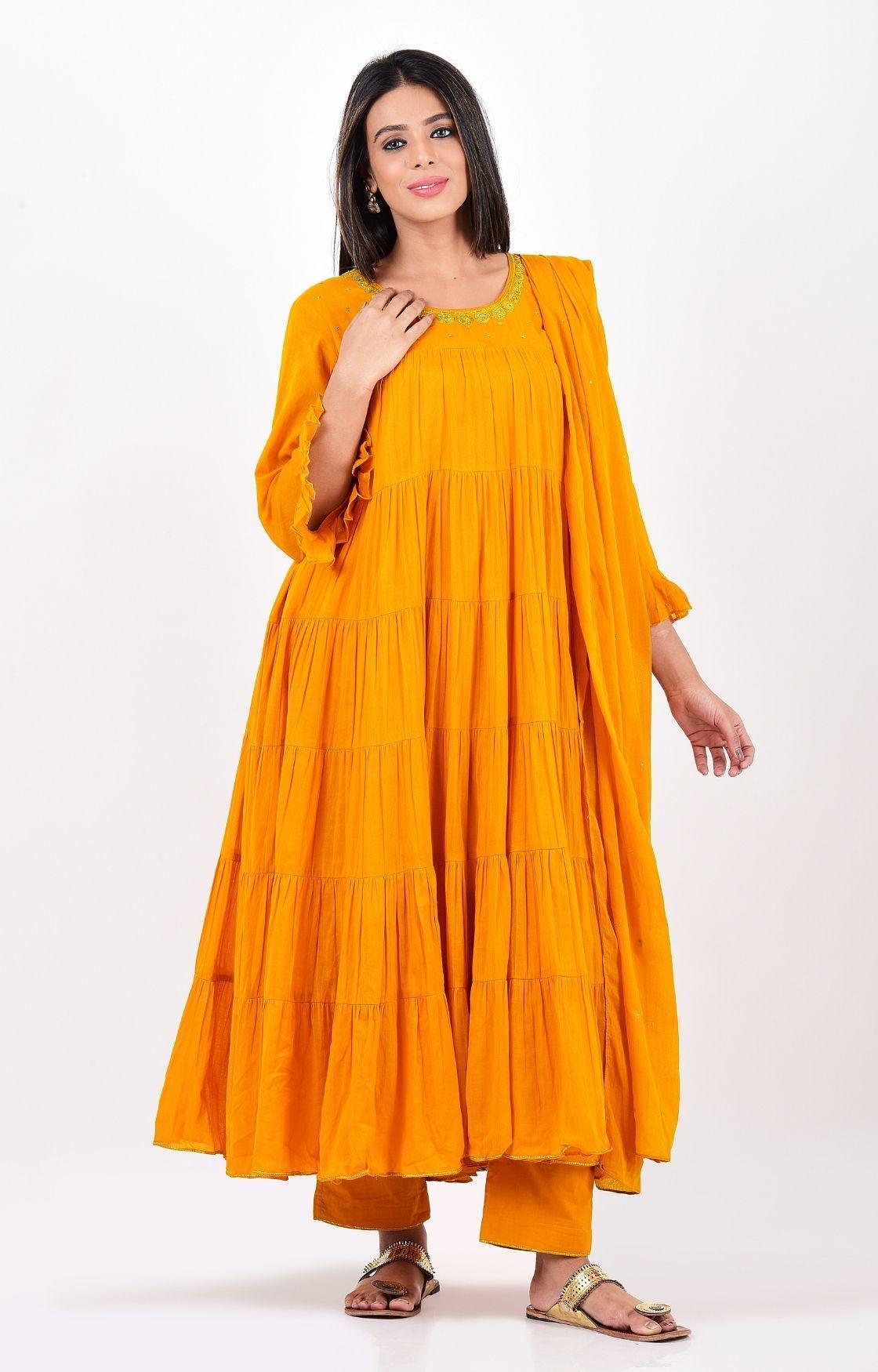 Mustard Yellow Crinkled Layered Kurta Set