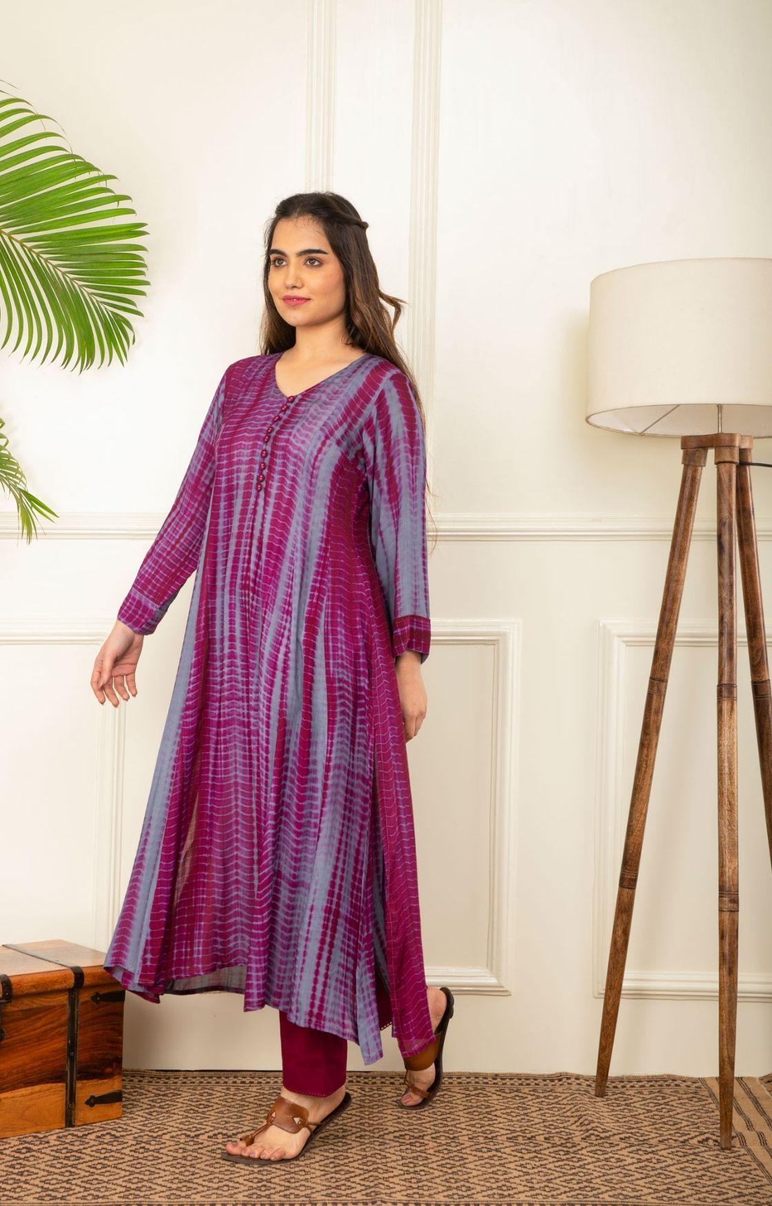 Wine And Grey Rope Tie Dye Kurta Set