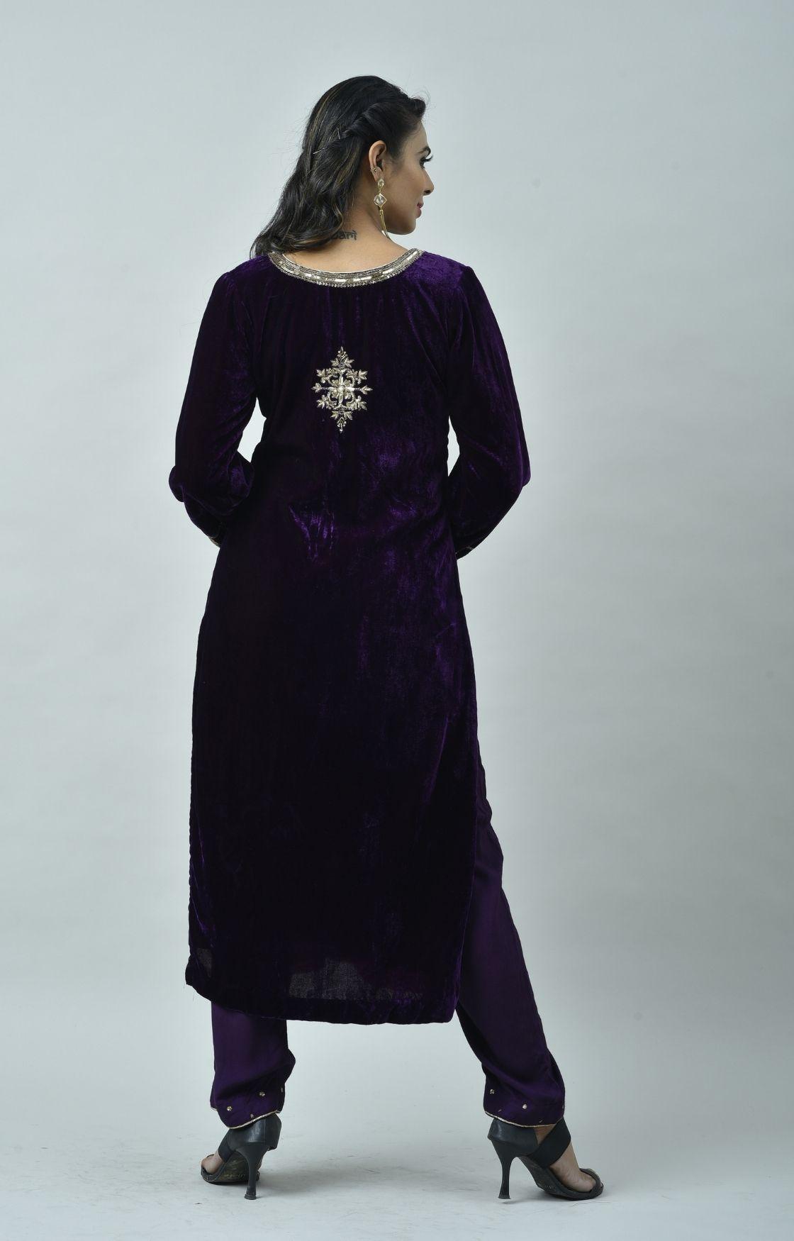 Purple Embroidered Velvet Kurta Set of 3