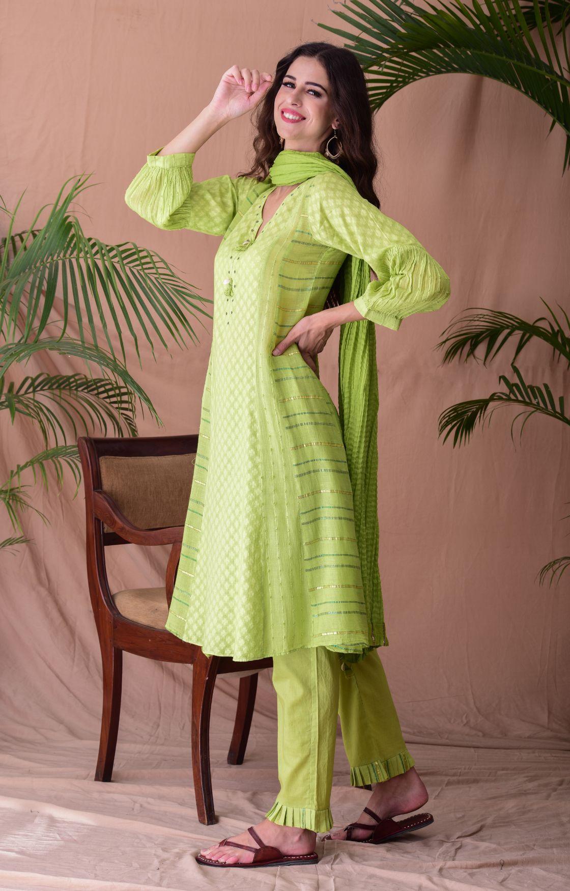 Lime Green Jacquard Suit Set Of 3
