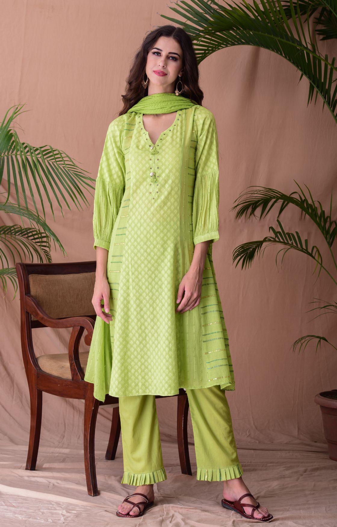Lime Green Jacquard Suit Set Of 3