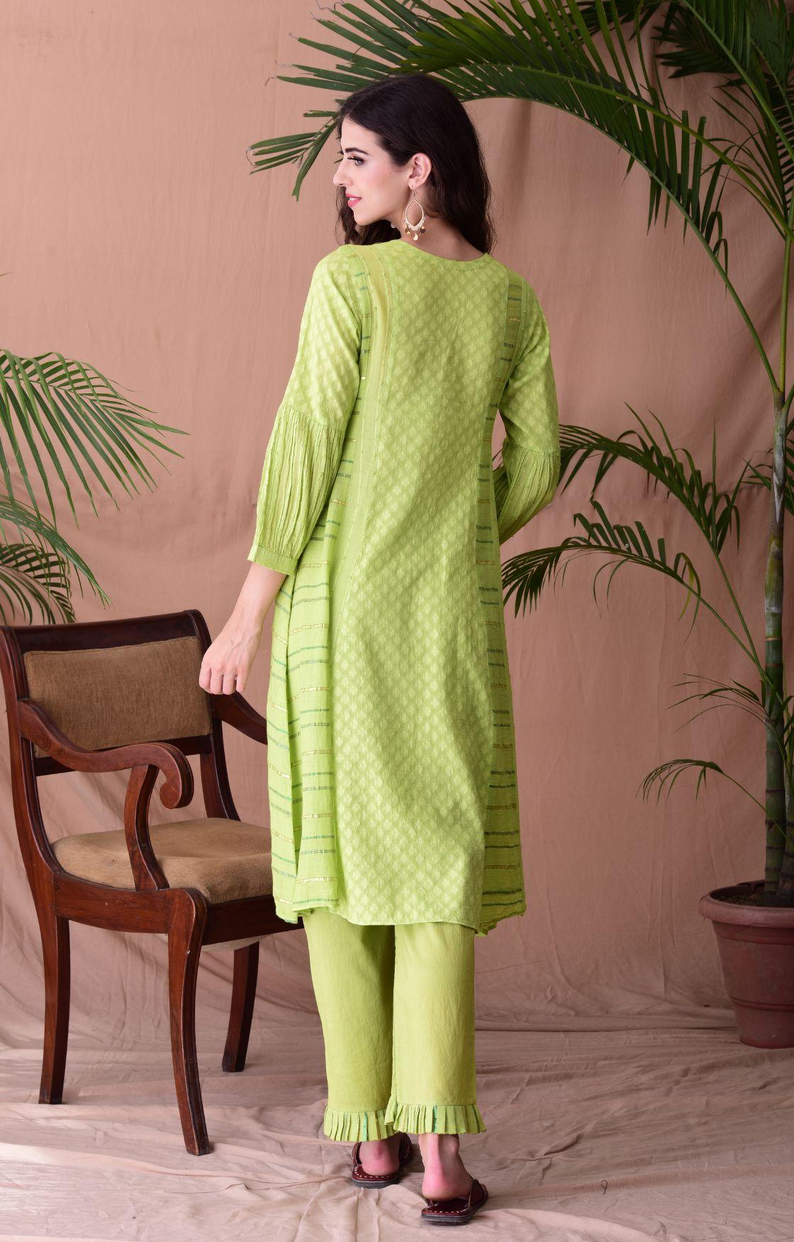 Lime Green Jacquard Suit Set Of 3