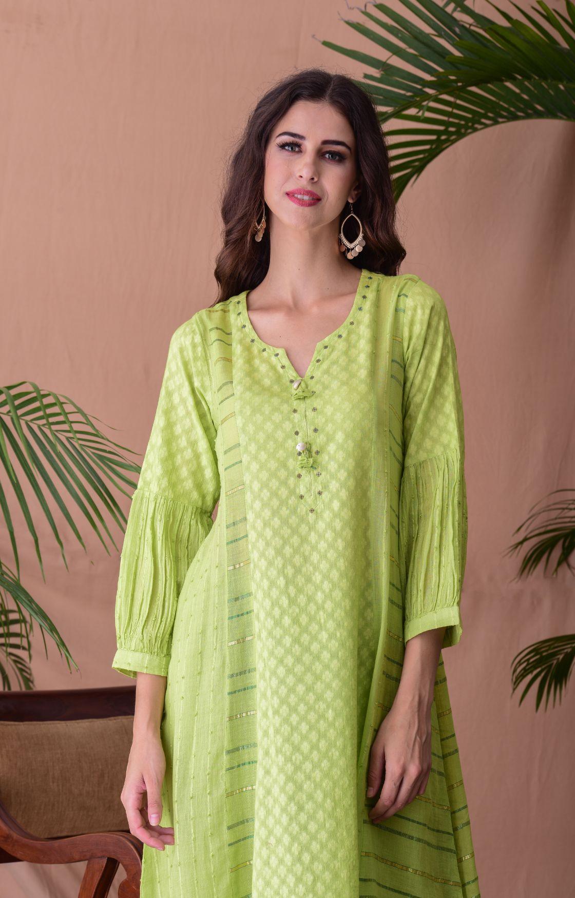 Lime Green Jacquard Suit Set Of 3