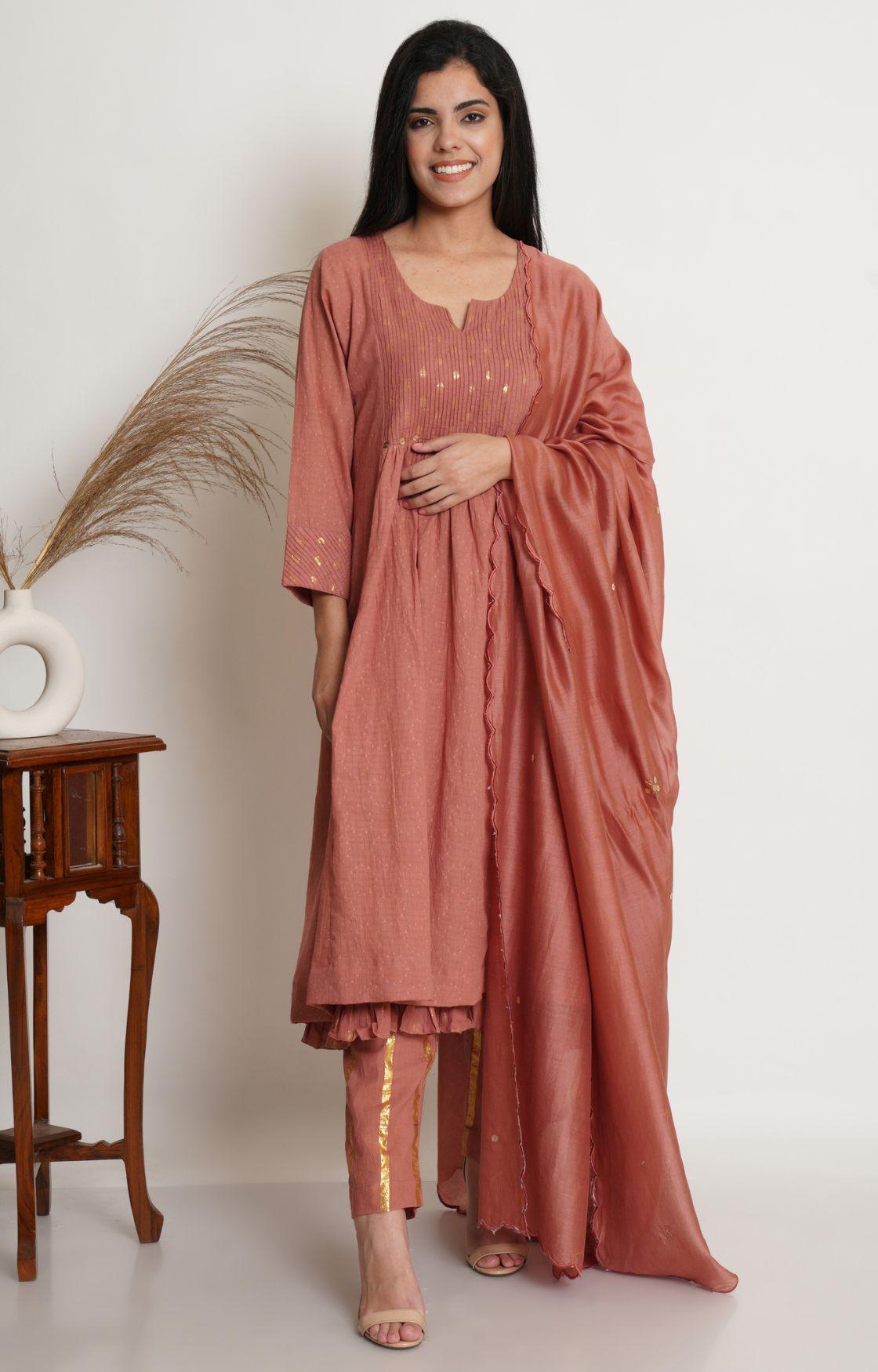 Rose Pink Cotton Kurta With Pant & Chanderi Dupatta Set