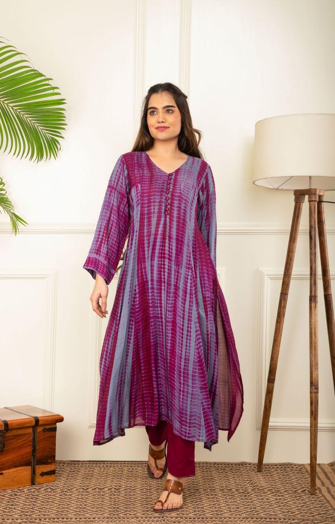 Wine And Grey Rope Tie Dye Kurta Set
