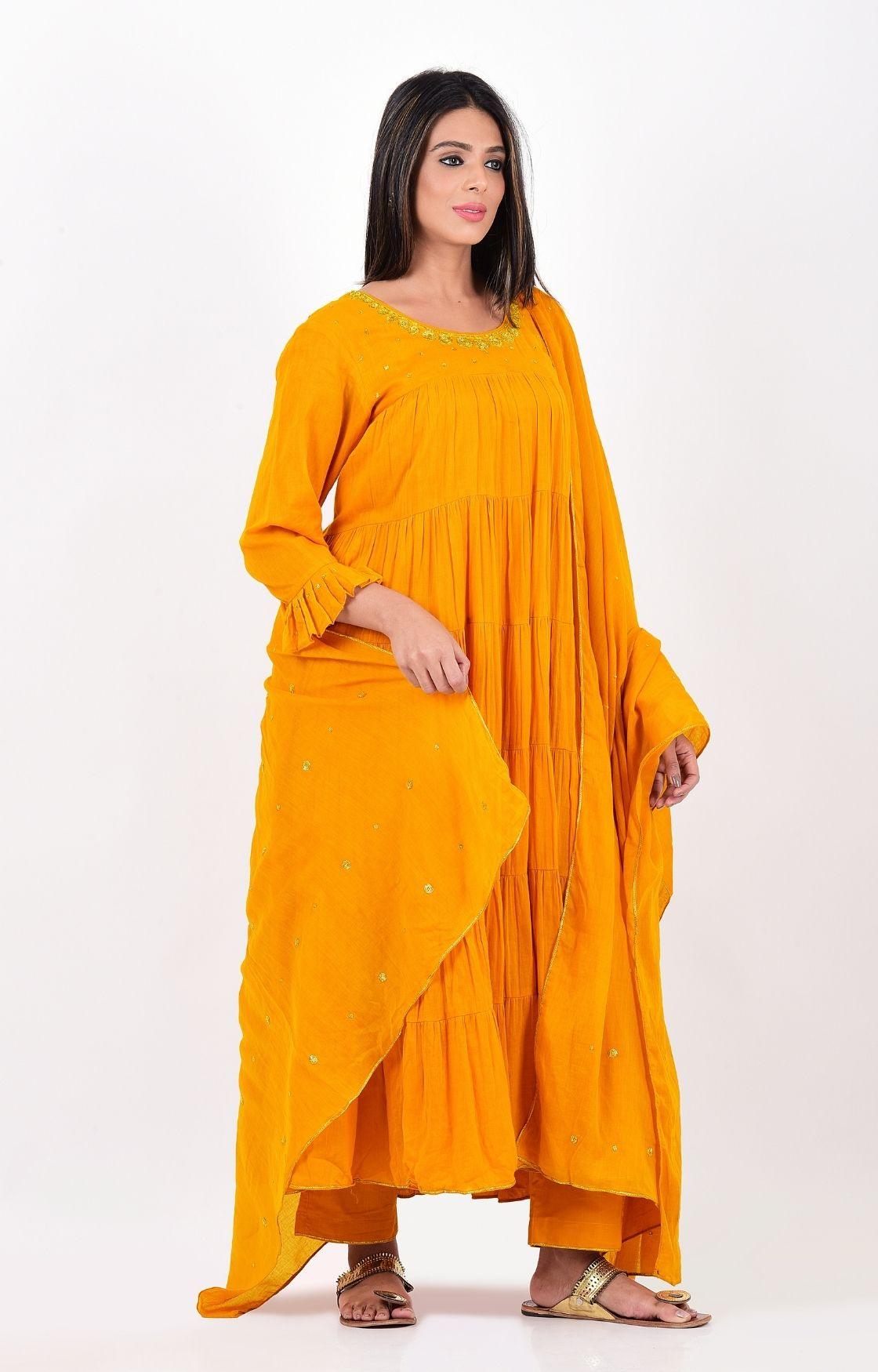 Mustard Yellow Crinkled Layered Kurta Set
