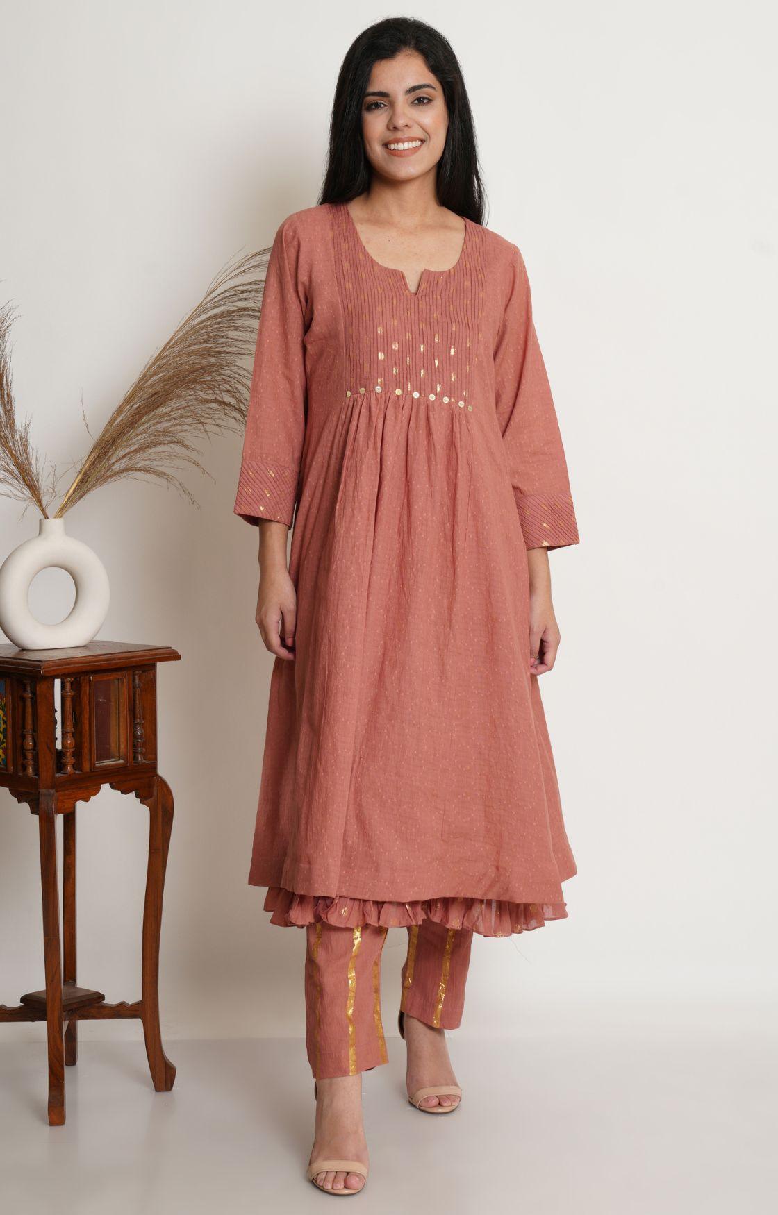 Rose Pink Cotton Kurta With Pant & Chanderi Dupatta Set