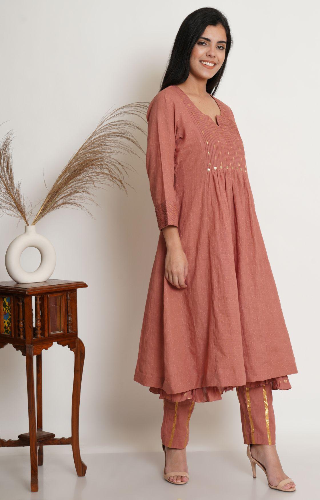 Rose Pink Cotton Kurta With Pant & Chanderi Dupatta Set