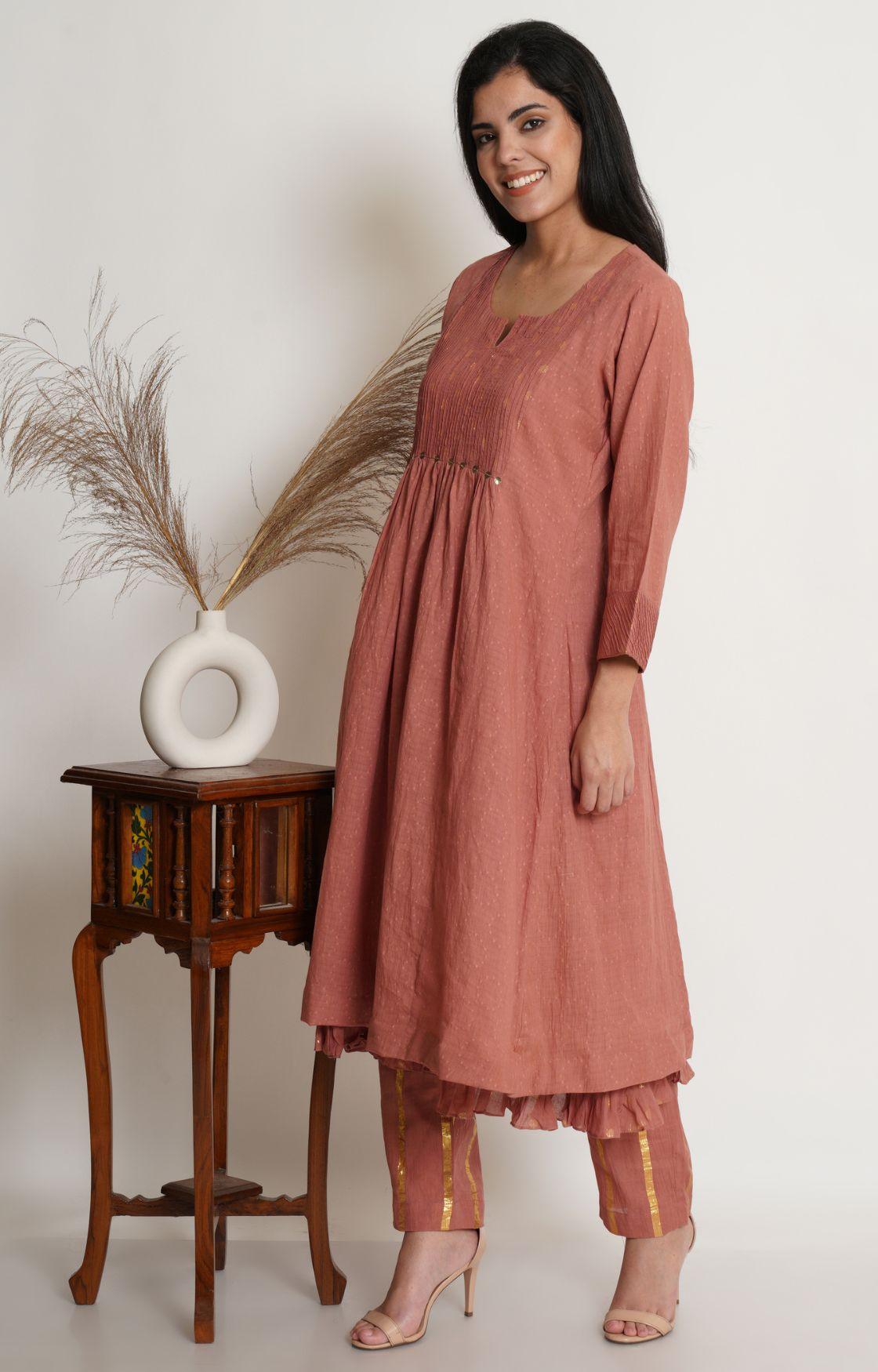 Rose Pink Cotton Kurta With Pant & Chanderi Dupatta Set