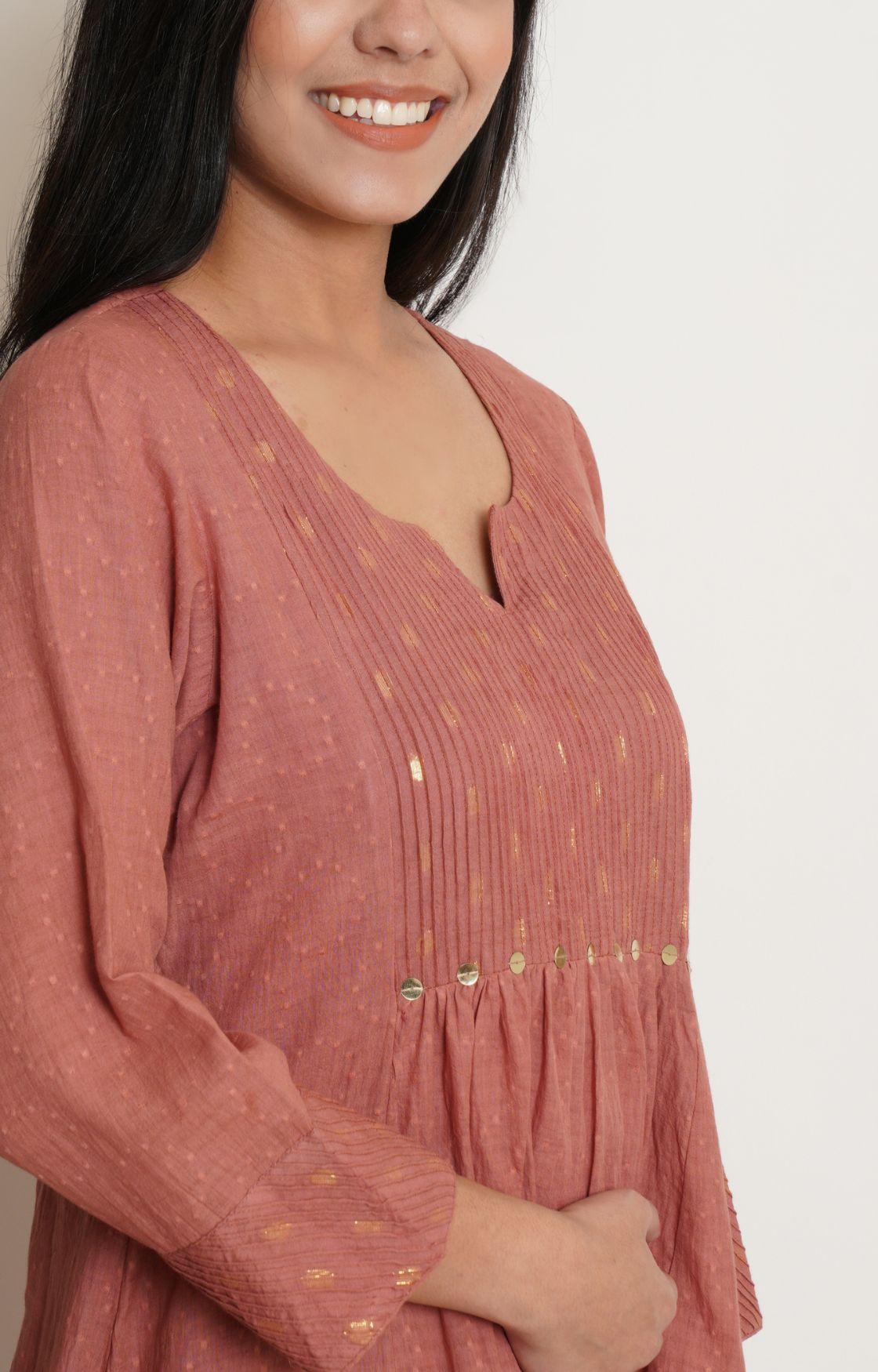 Rose Pink Cotton Kurta With Pant & Chanderi Dupatta Set