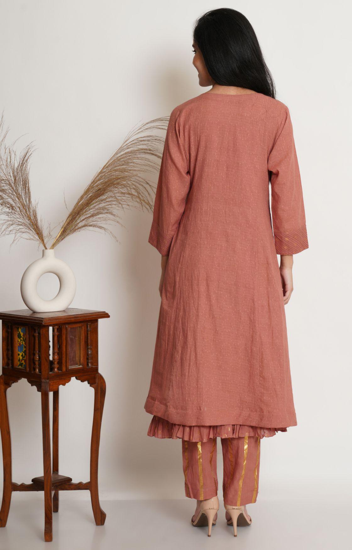 Rose Pink Cotton Kurta With Pant & Chanderi Dupatta Set