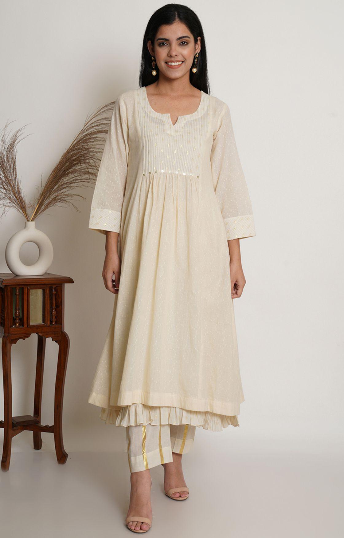 Off White Cotton Kurta With Pant & Chanderi Dupatta Set