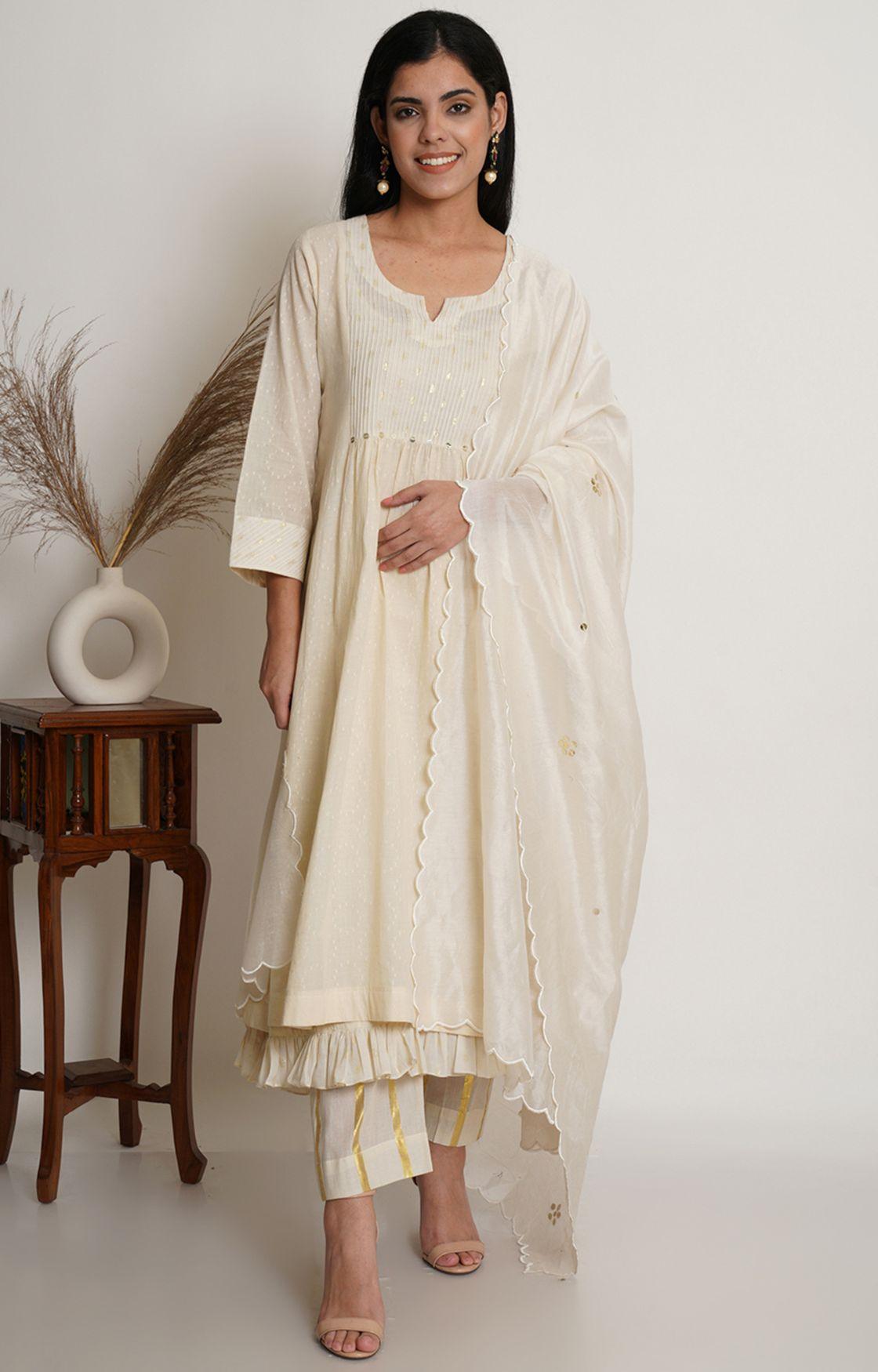 Off White Cotton Kurta With Pant & Chanderi Dupatta Set