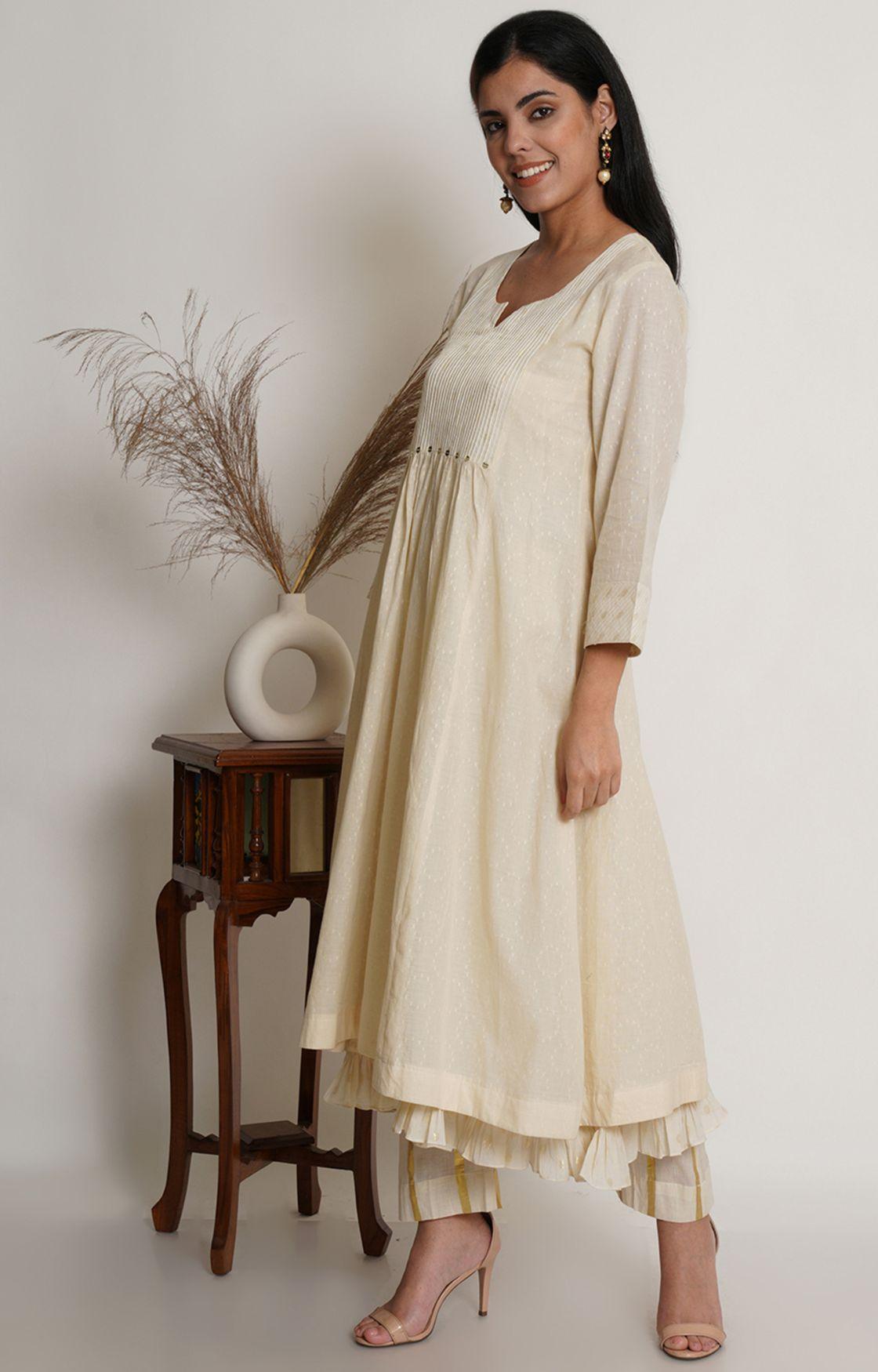 Off White Cotton Kurta With Pant & Chanderi Dupatta Set