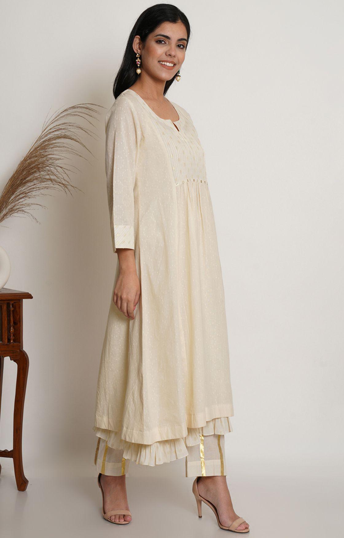 Off White Cotton Kurta With Pant & Chanderi Dupatta Set