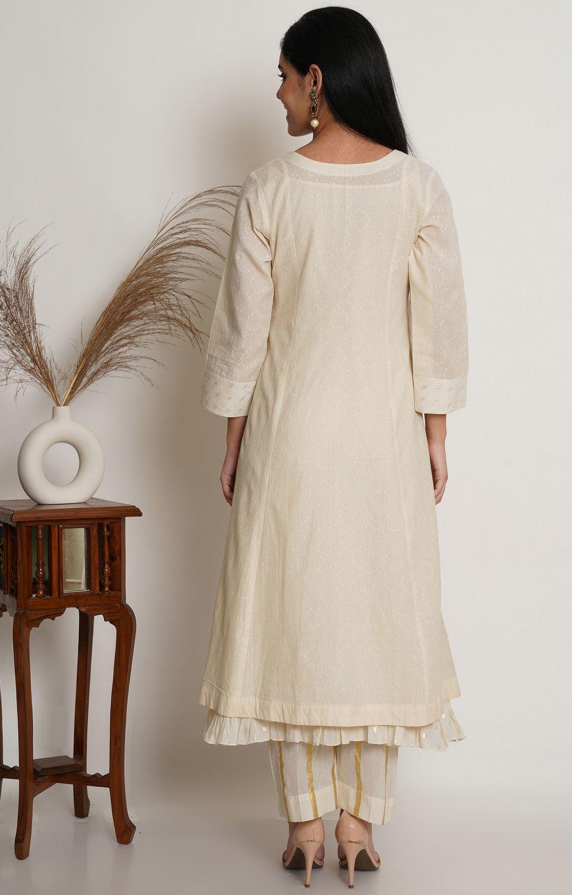 Off White Cotton Kurta With Pant & Chanderi Dupatta Set