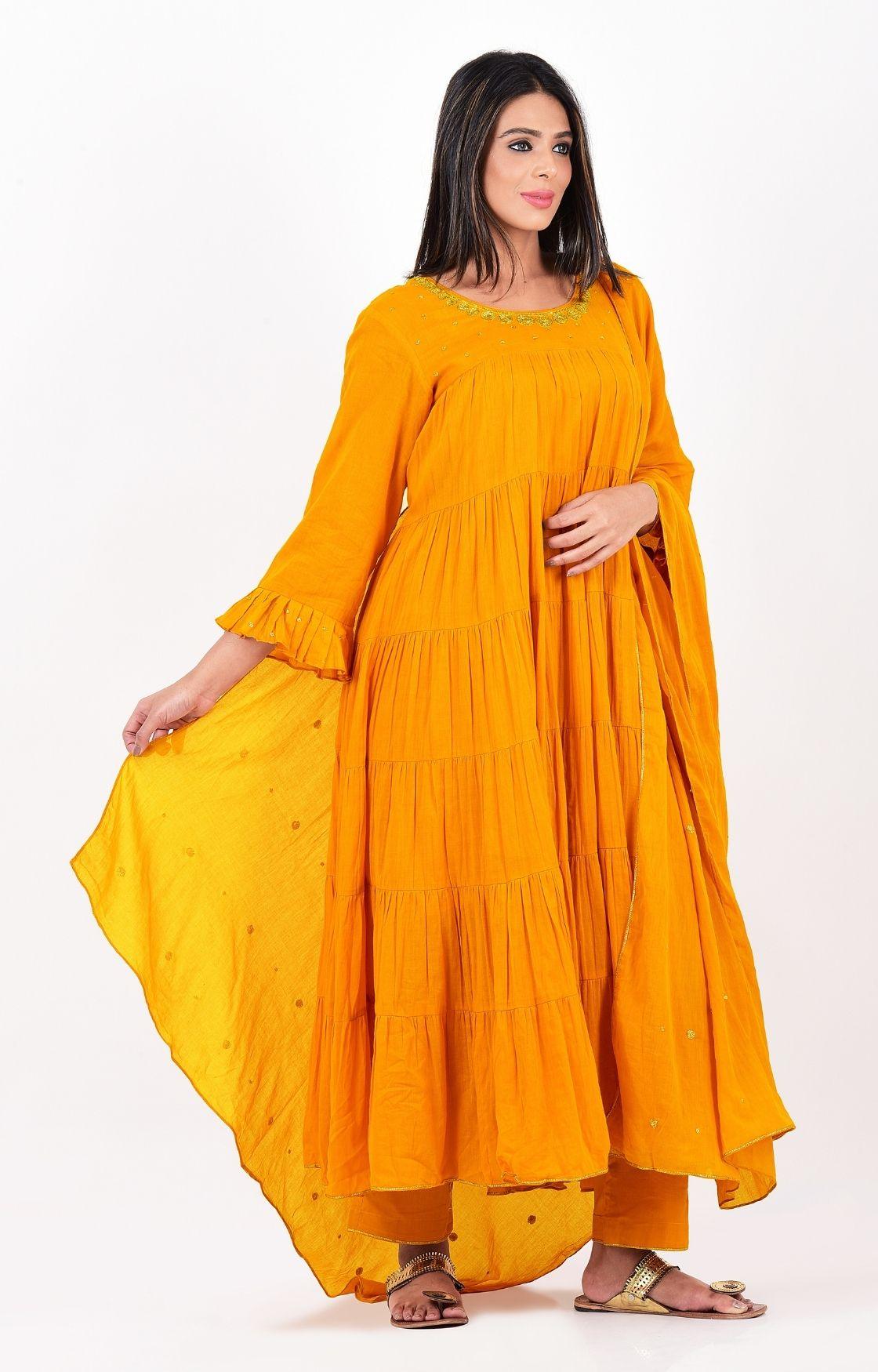 Mustard Yellow Crinkled Layered Kurta Set