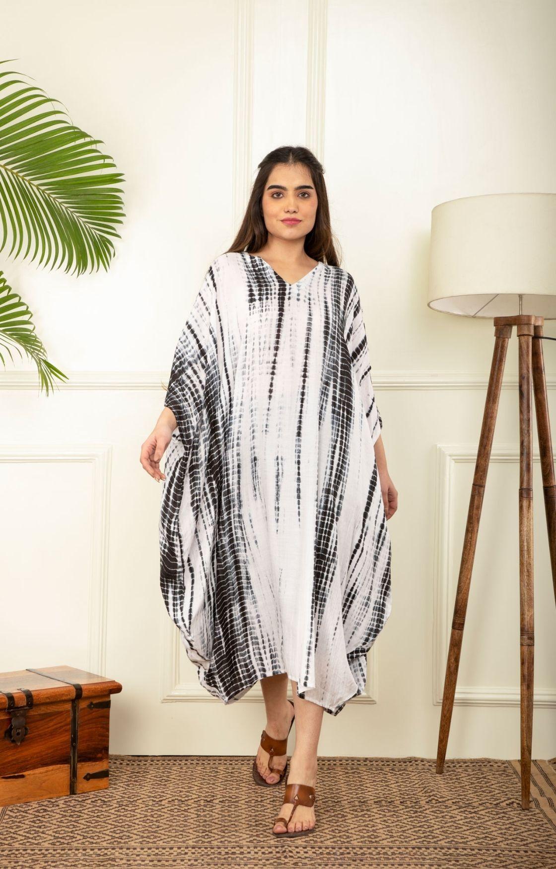Black And White Rope Tie Dye Cowl Kaftan