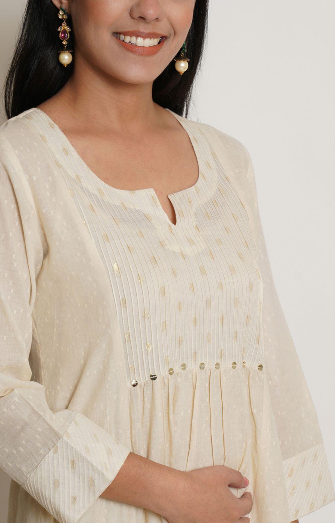 Off White Cotton Kurta With Pant & Chanderi Dupatta Set