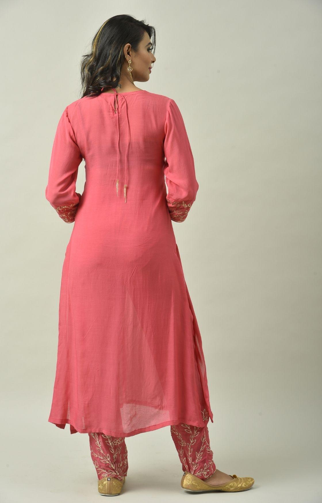 Rose Pink Naksi Hand Embroidery Kurta Set